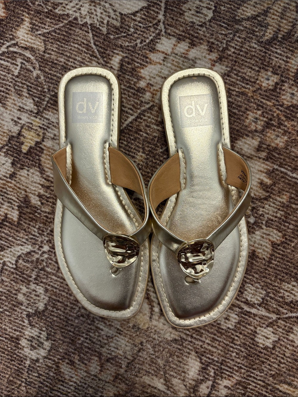 Dolce Vita gold metallic thong sandals with emblem
